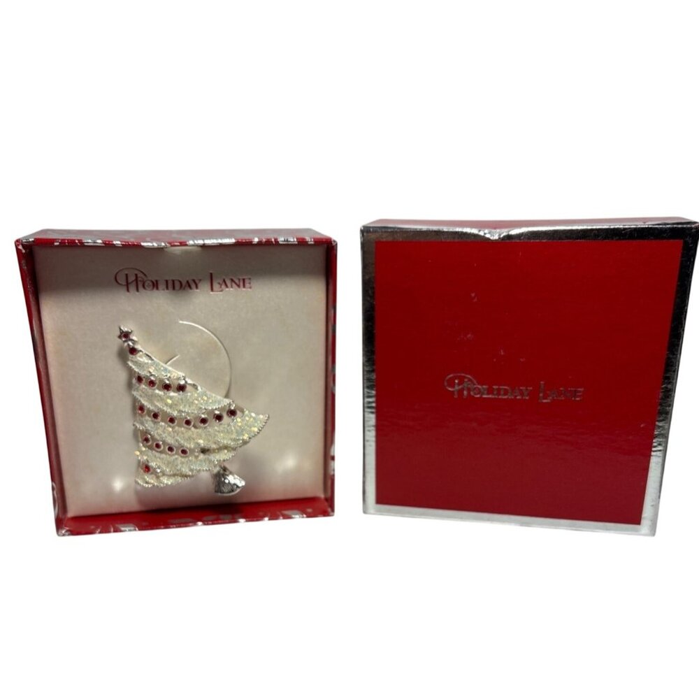 Holiday Lane Brooch Pin Glittery Christmas Tree Red Accents Gift Box 3"